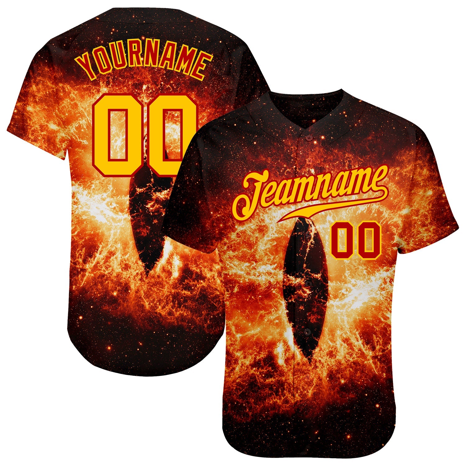 Custom Black Gold-Red 3D Pattern Design Burning Evil Eye In Space Authentic Baseball Jersey - Main View