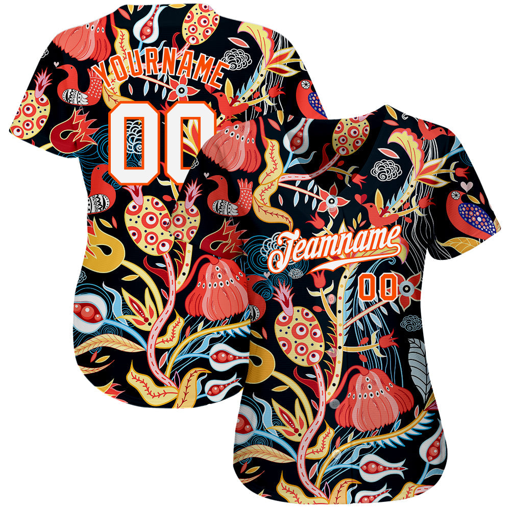 Custom Black White-Orange 3D Pattern Design Flowers Authentic Baseball Jersey view 2