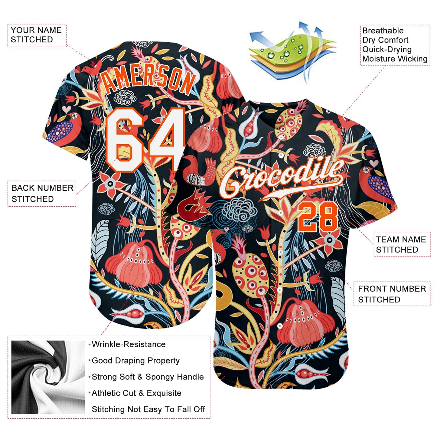 Custom Black White-Orange 3D Pattern Design Flowers Authentic Baseball Jersey view 3