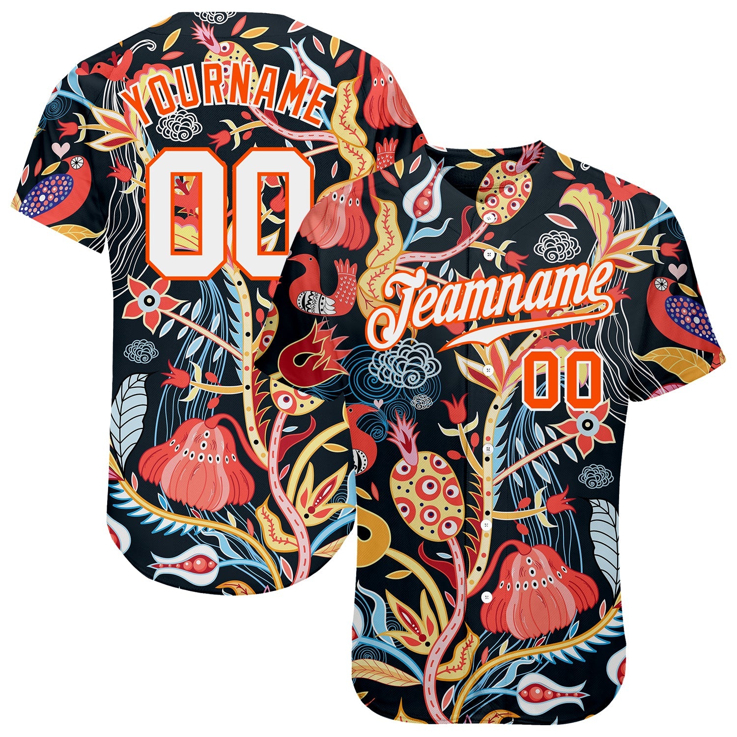 Custom Black White-Orange 3D Pattern Design Flowers Authentic Baseball Jersey - Main View