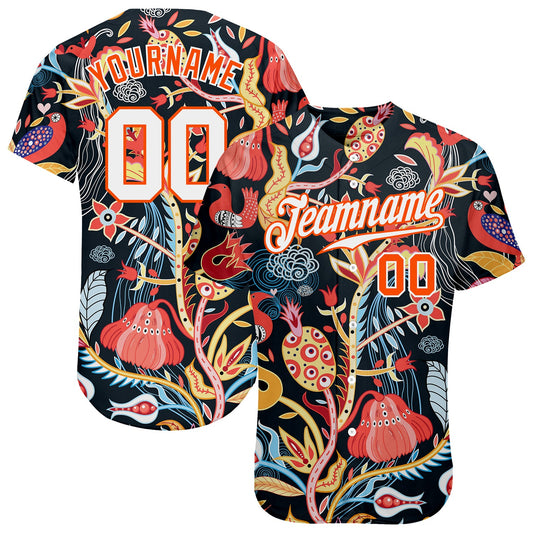 Custom Black White-Orange 3D Pattern Design Flowers Authentic Baseball Jersey - Main View