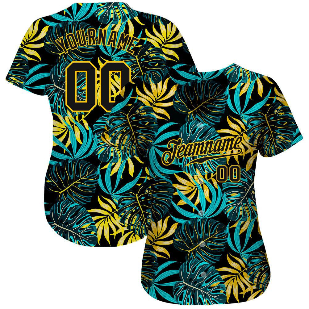 Custom Black Black-Gold 3D Pattern Design Tropical Palm Leaves Authentic Baseball Jersey view 2
