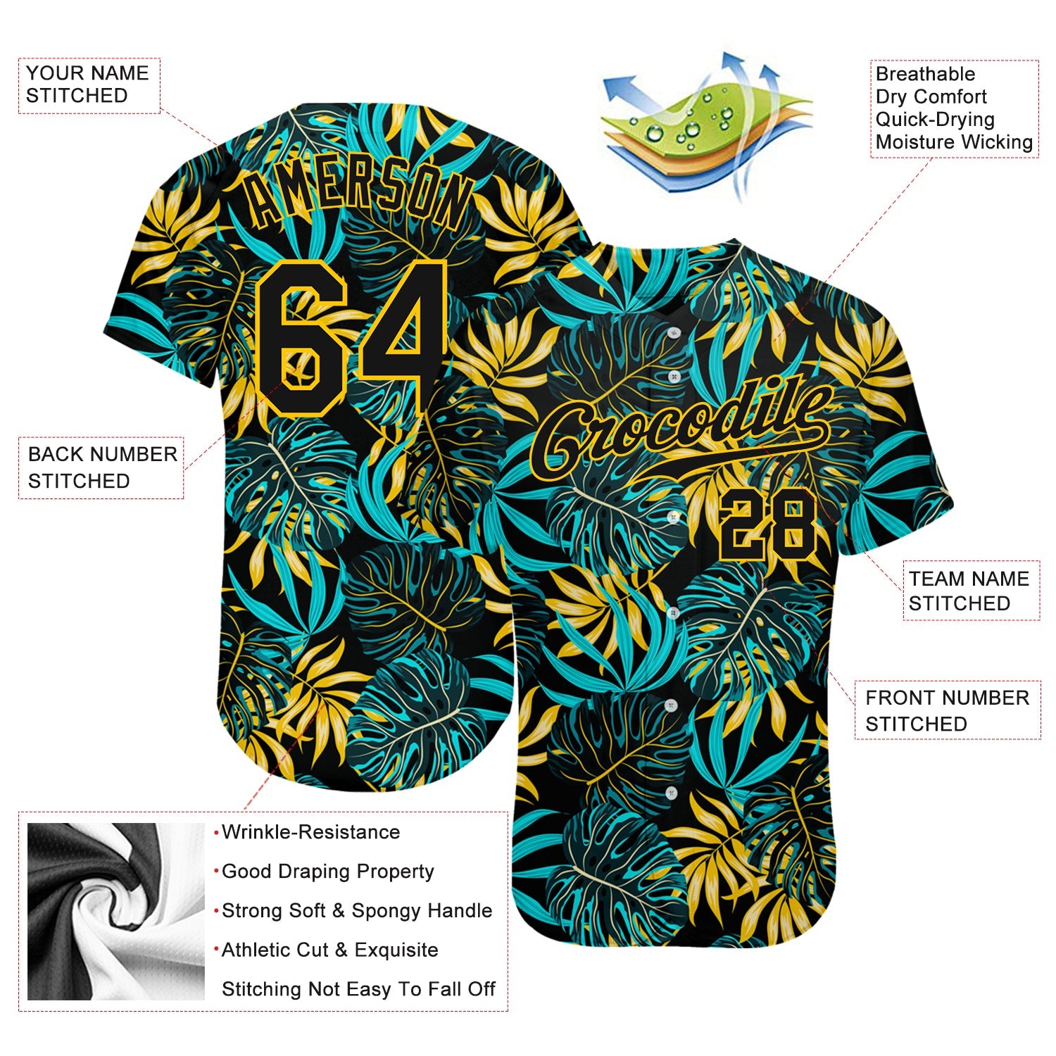 Custom Black Black-Gold 3D Pattern Design Tropical Palm Leaves Authentic Baseball Jersey view 3