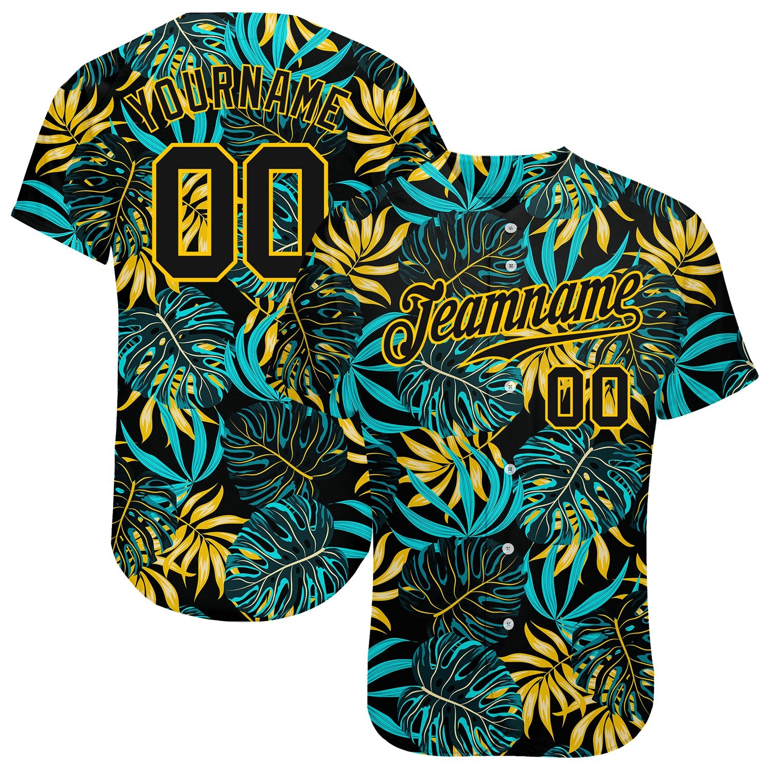 Custom Black Black-Gold 3D Pattern Design Tropical Palm Leaves Authentic Baseball Jersey - Main View