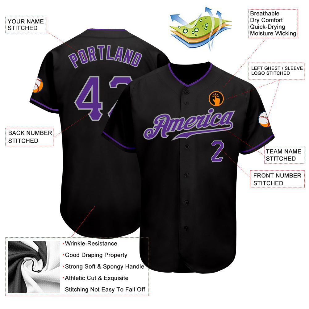 Custom Black Purple-Gray Authentic Baseball Jersey view 3