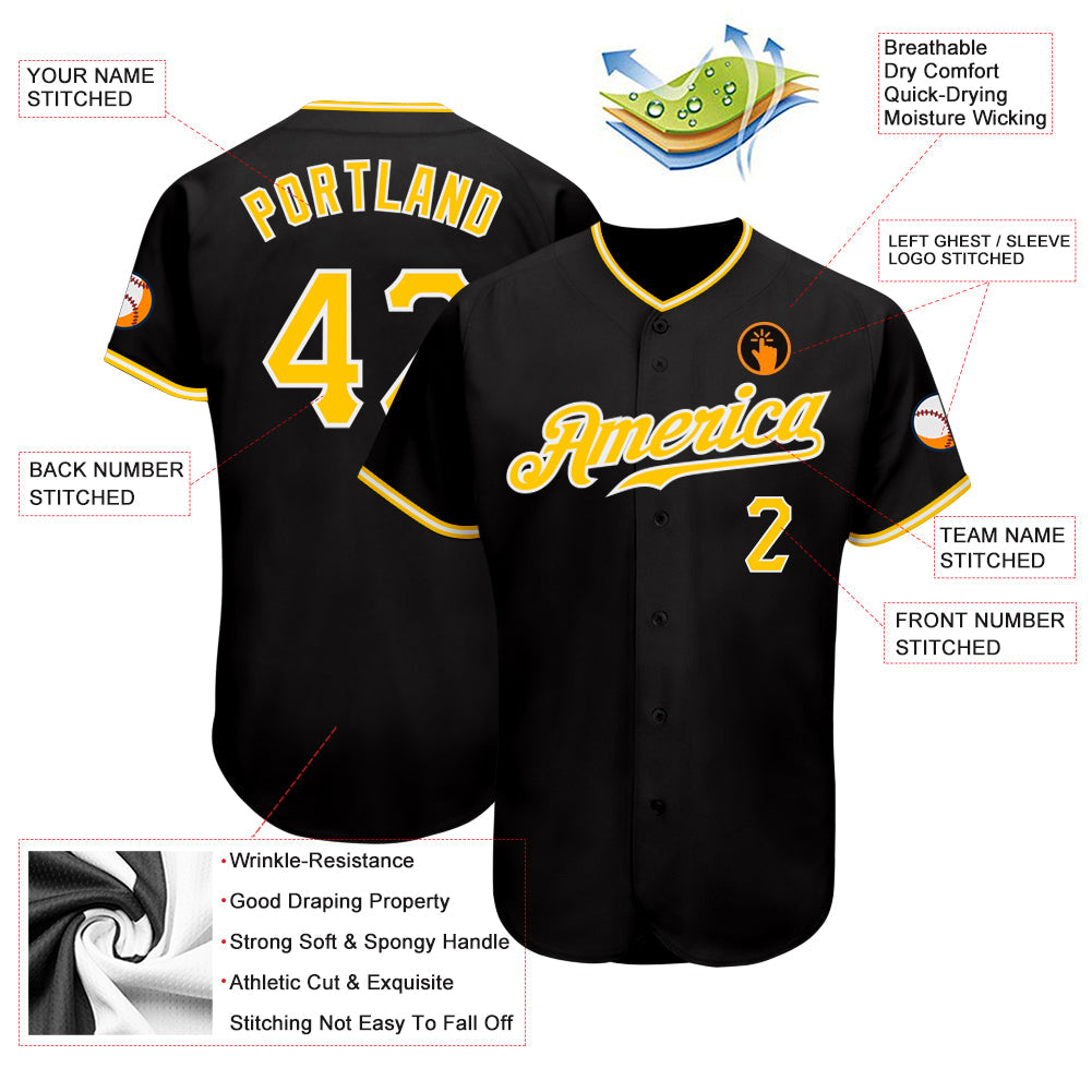 Custom Black Gold-White Authentic Baseball Jersey view 3