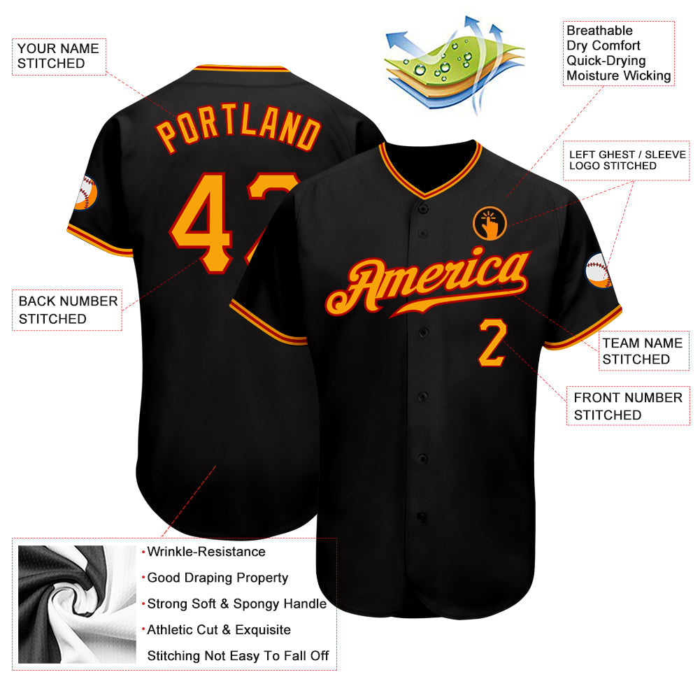 Custom Black Gold-Red Authentic Baseball Jersey view 3