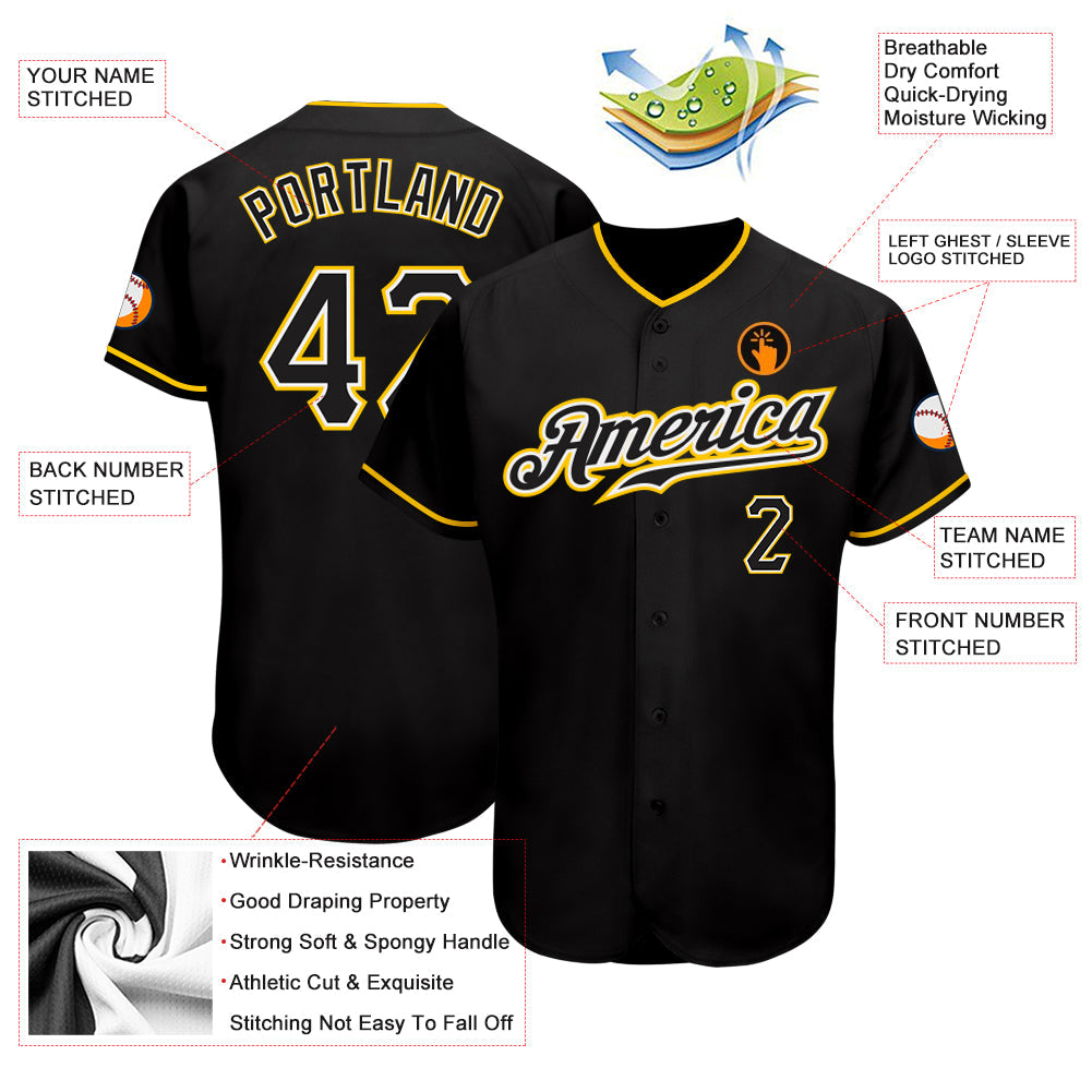 Custom Black Black-Gold Authentic Baseball Jersey view 3