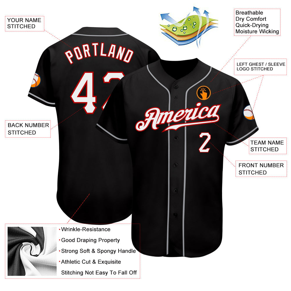 Custom Black White-Red Authentic Baseball Jersey view 3