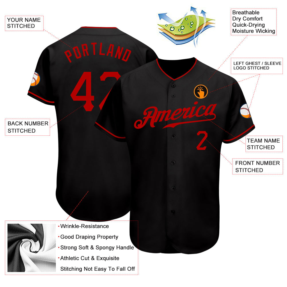 Custom Black Red Authentic Baseball Jersey view 3