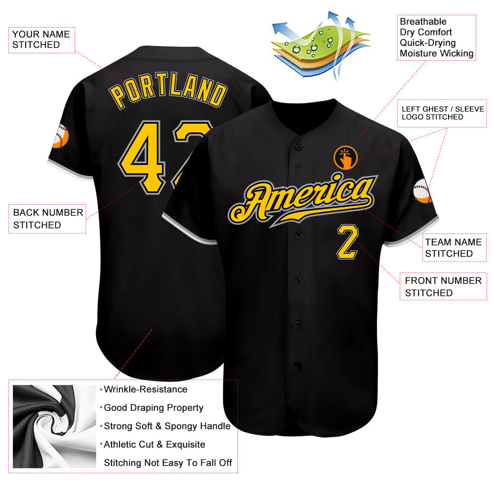 Custom Black Gold-Gray Authentic Baseball Jersey view 3