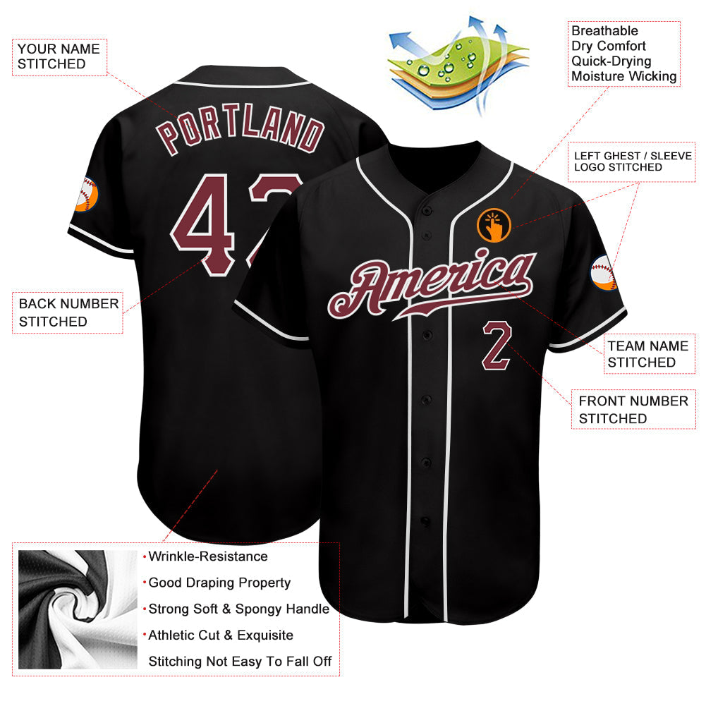 Custom Black Burgundy-White Authentic Baseball Jersey view 3