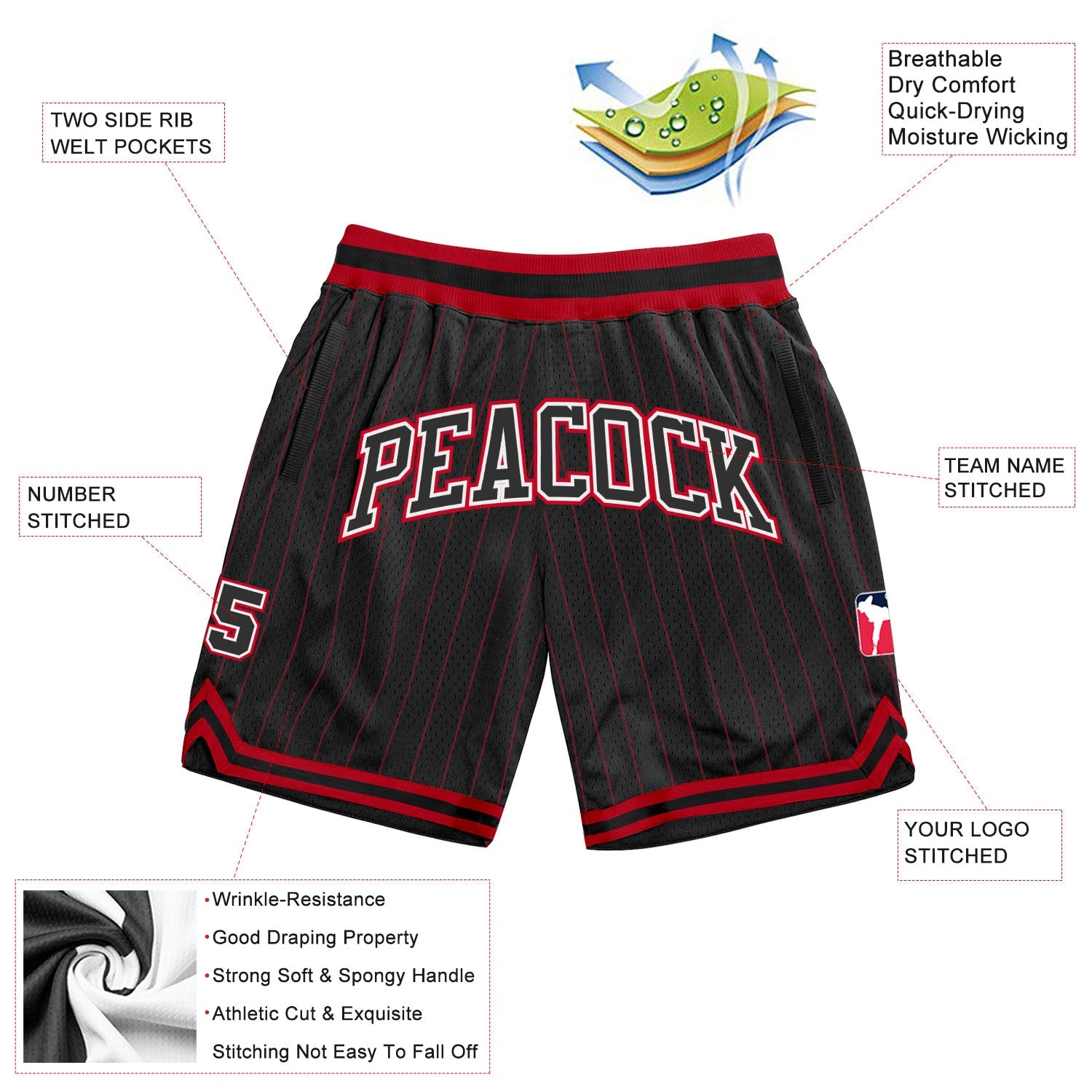 Custom Black Red Pinstripe Black-White Authentic Basketball Shorts view 2