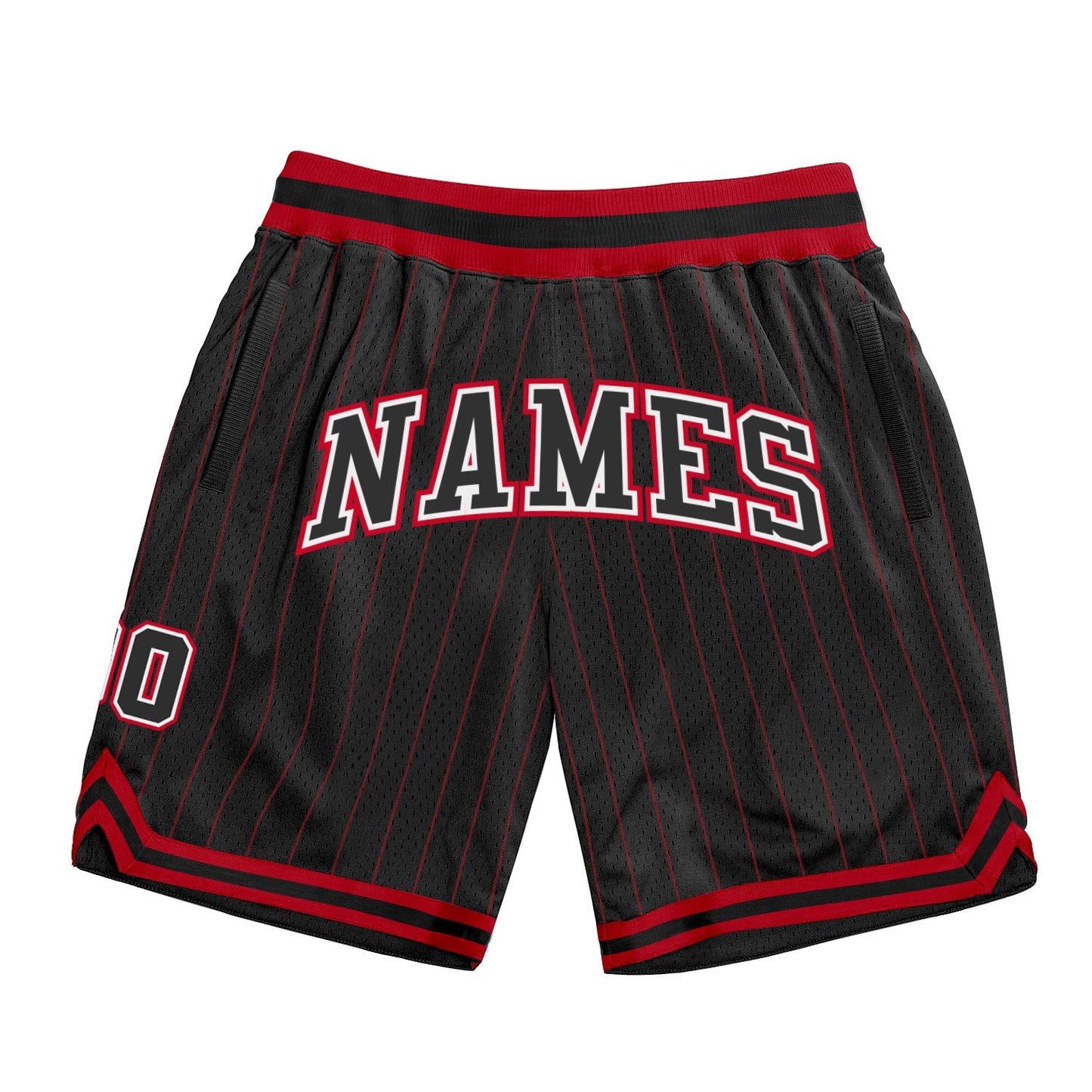 Custom Black Red Pinstripe Black-White Authentic Basketball Shorts - Main View