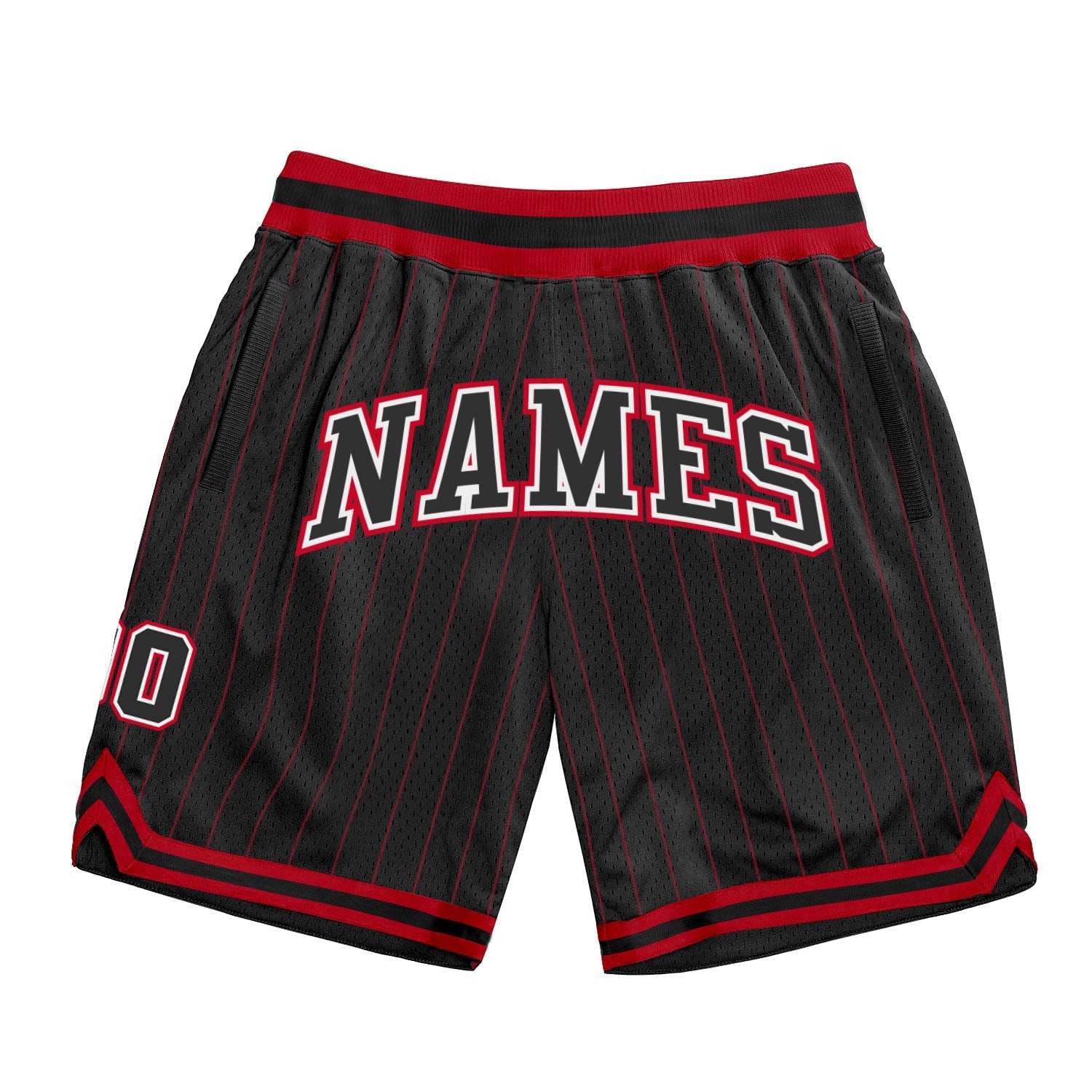 Custom Black Red Pinstripe Black-White Authentic Basketball Shorts - Main View