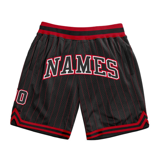 Custom Black Red Pinstripe Black-White Authentic Basketball Shorts - Main View