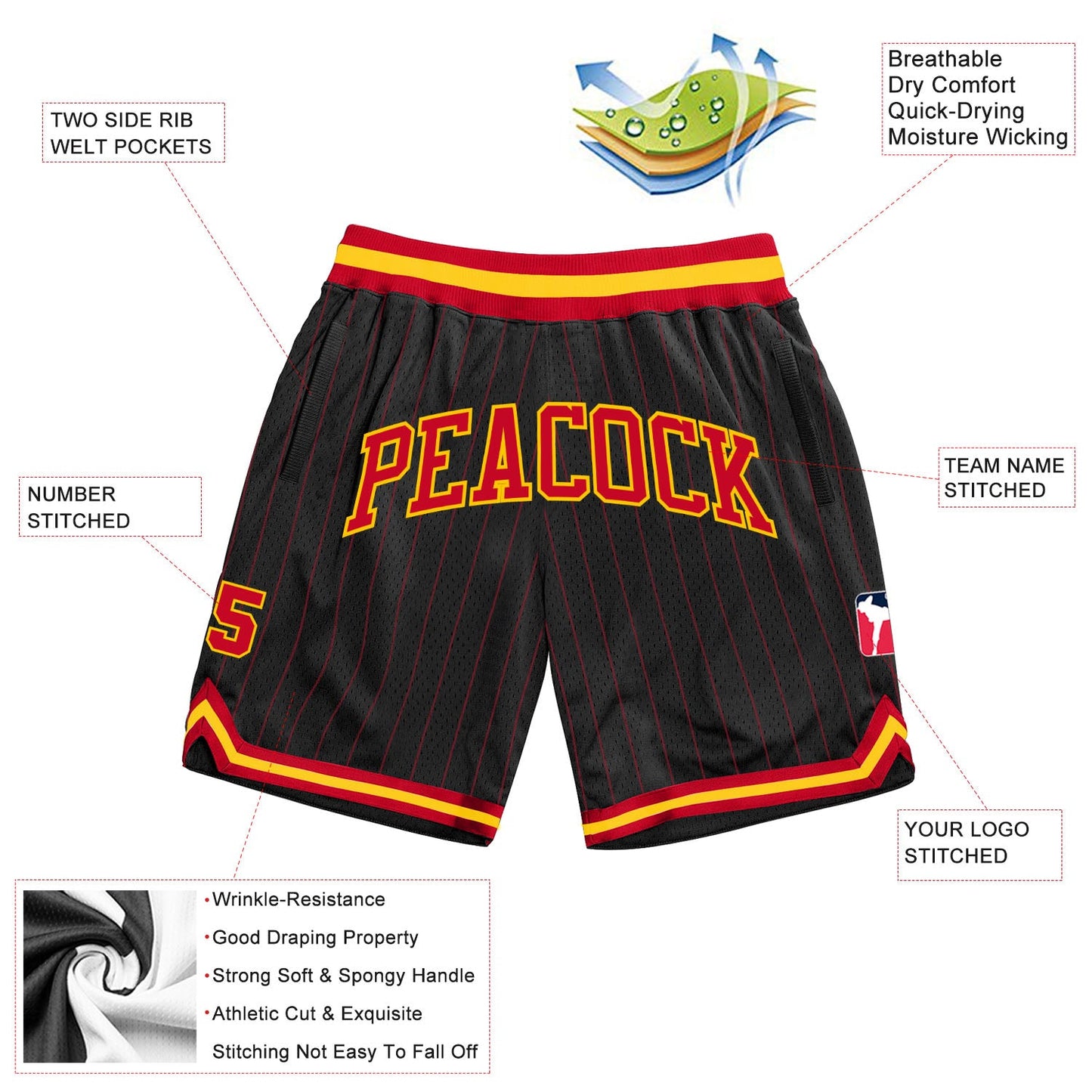 Custom Black Red Pinstripe Red-Gold Authentic Basketball Shorts view 2