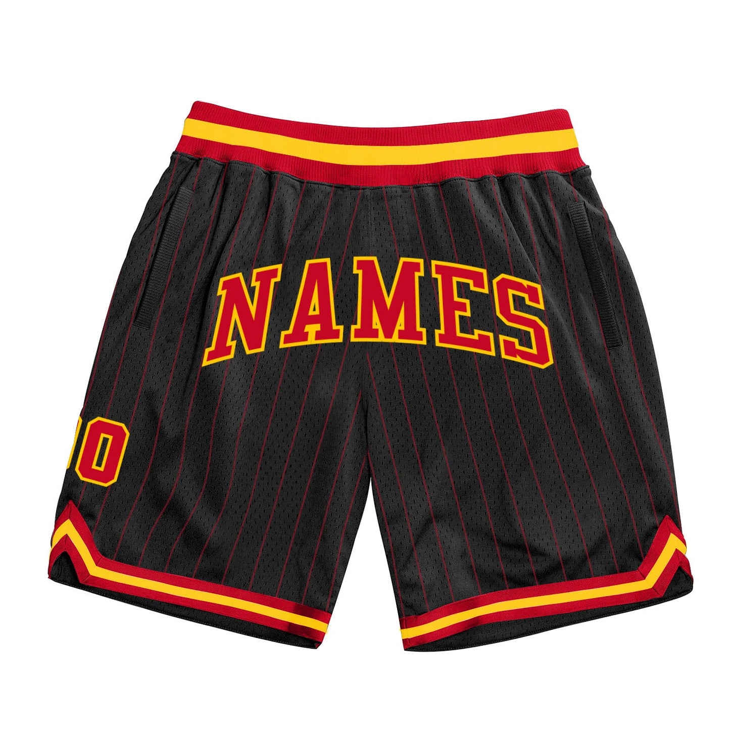 Custom Black Red Pinstripe Red-Gold Authentic Basketball Shorts - Main View