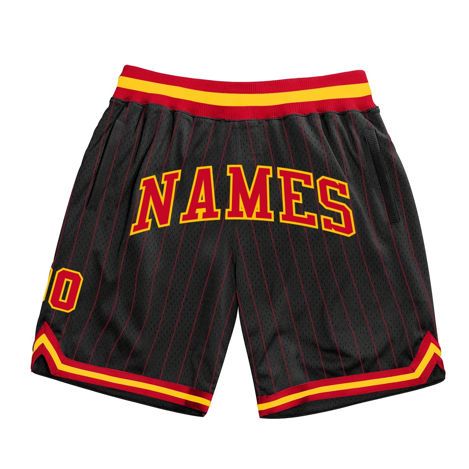 Custom Black Red Pinstripe Red-Gold Authentic Basketball Shorts - Main View