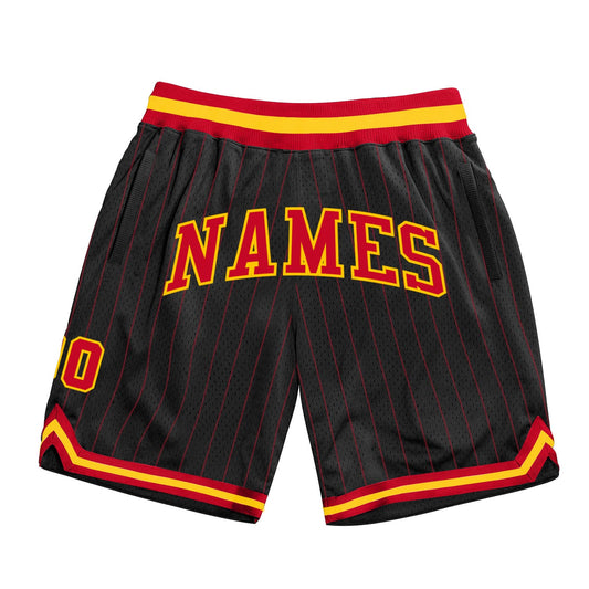 Custom Black Red Pinstripe Red-Gold Authentic Basketball Shorts - Main View