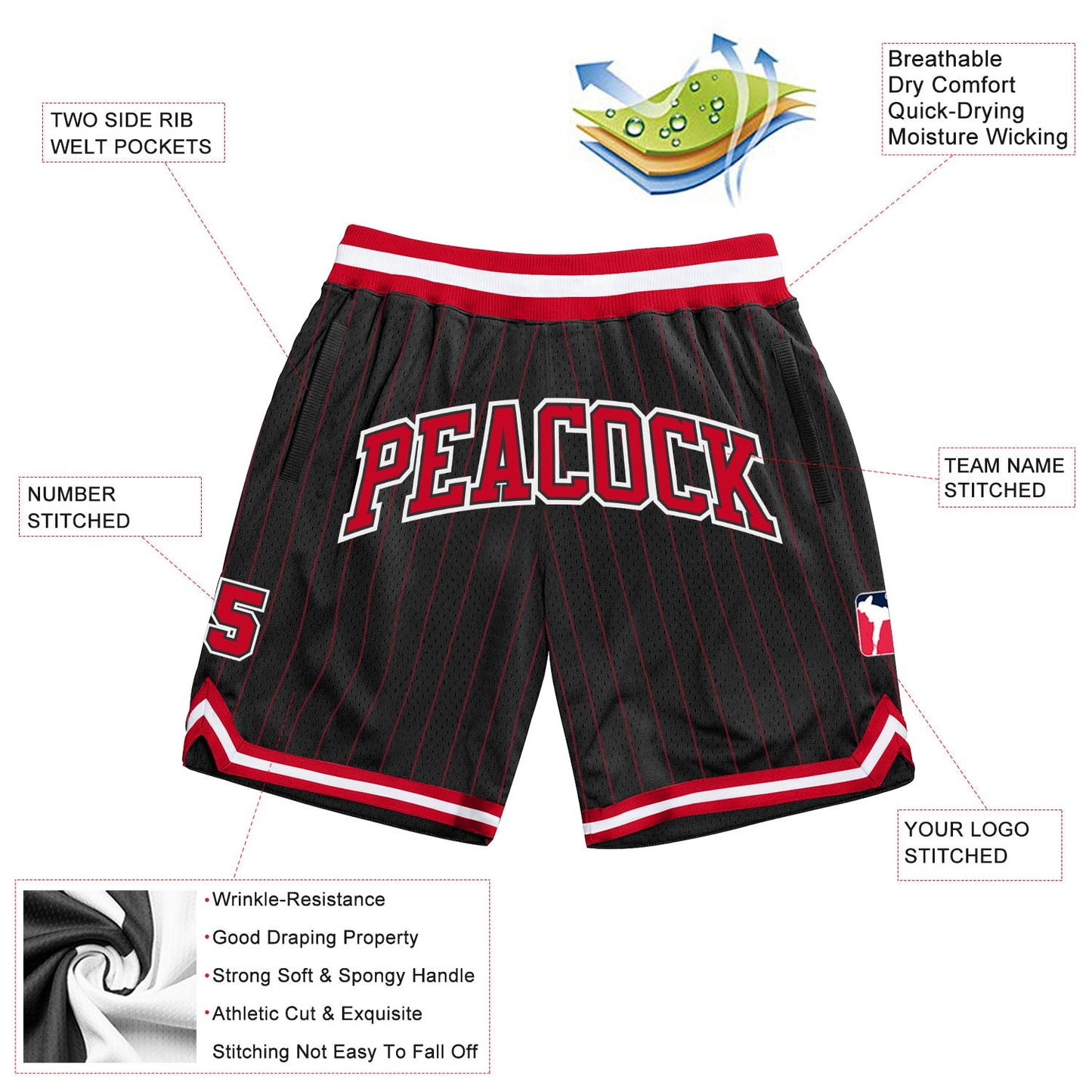 Custom Black Red Pinstripe Red-White Authentic Basketball Shorts view 2