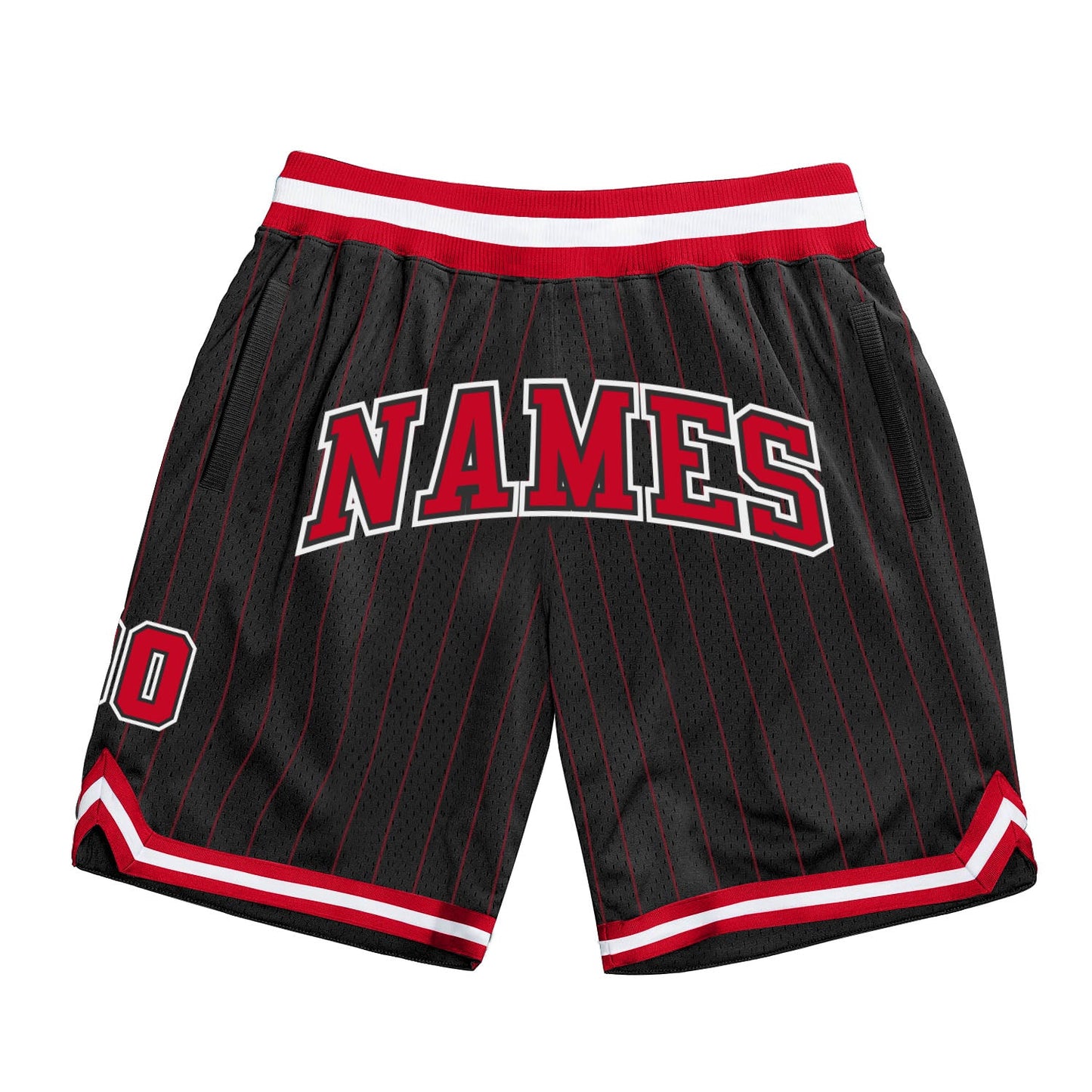 Custom Black Red Pinstripe Red-White Authentic Basketball Shorts - Main View