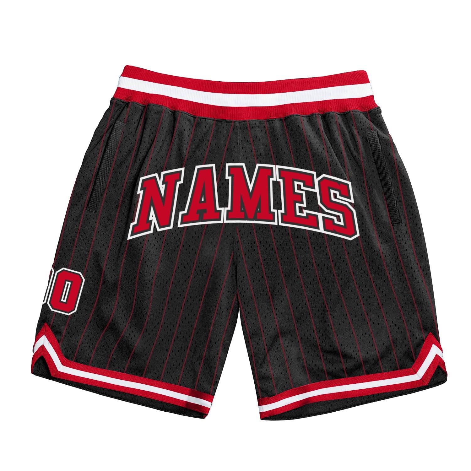 Custom Black Red Pinstripe Red-White Authentic Basketball Shorts - Main View