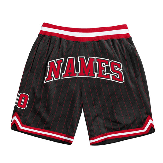 Custom Black Red Pinstripe Red-White Authentic Basketball Shorts - Main View