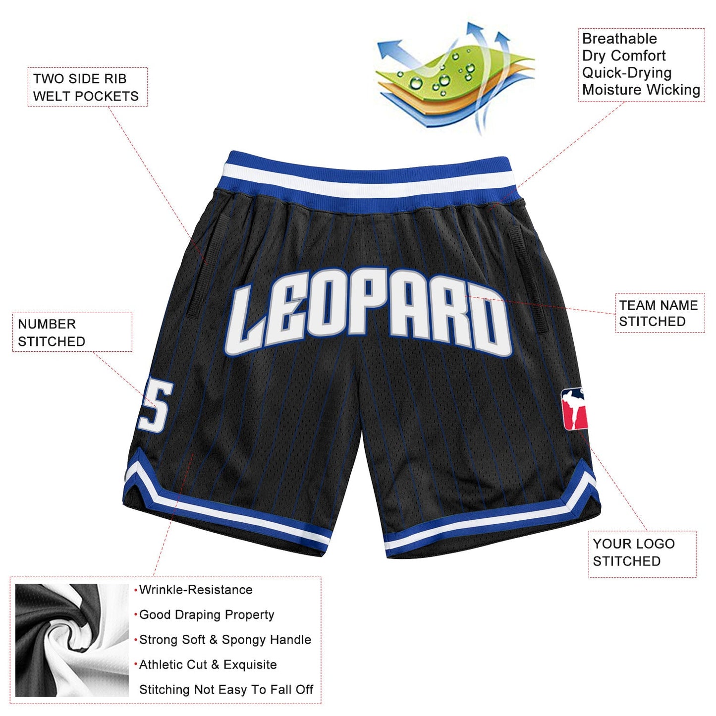 Custom Black Royal Pinstripe White-Gray Authentic Basketball Shorts view 2