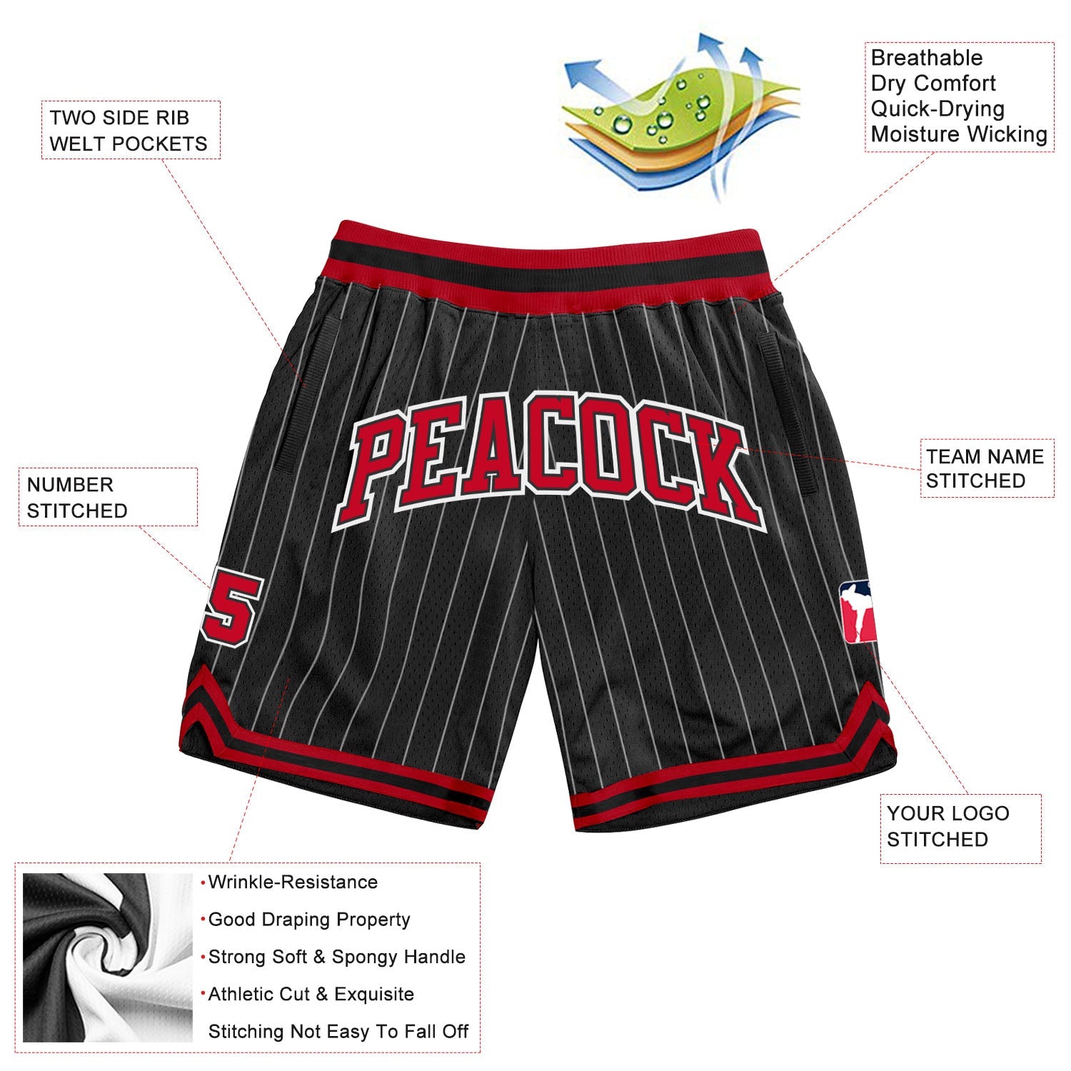 Custom Black White Pinstripe Red-White Authentic Basketball Shorts view 2