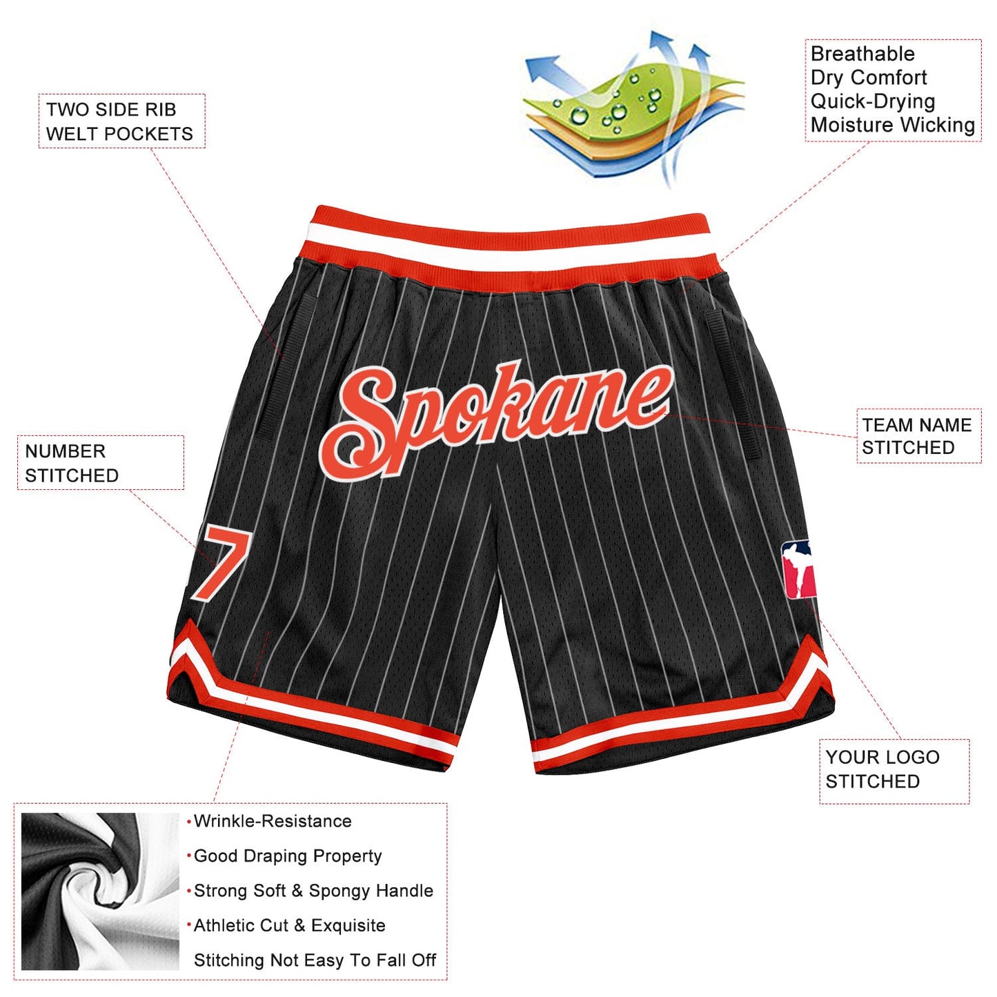 Custom Black White Pinstripe Orange-White Authentic Basketball Shorts view 2
