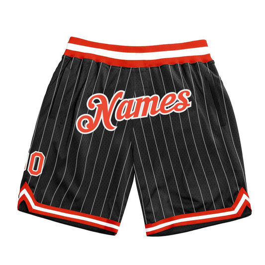 Custom Black White Pinstripe Orange-White Authentic Basketball Shorts - Main View