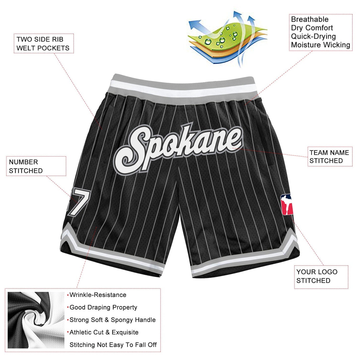 Custom Black White Pinstripe White-Gray Authentic Basketball Shorts view 2