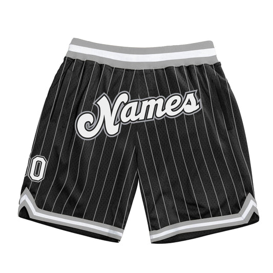 Custom Black White Pinstripe White-Gray Authentic Basketball Shorts - Main View