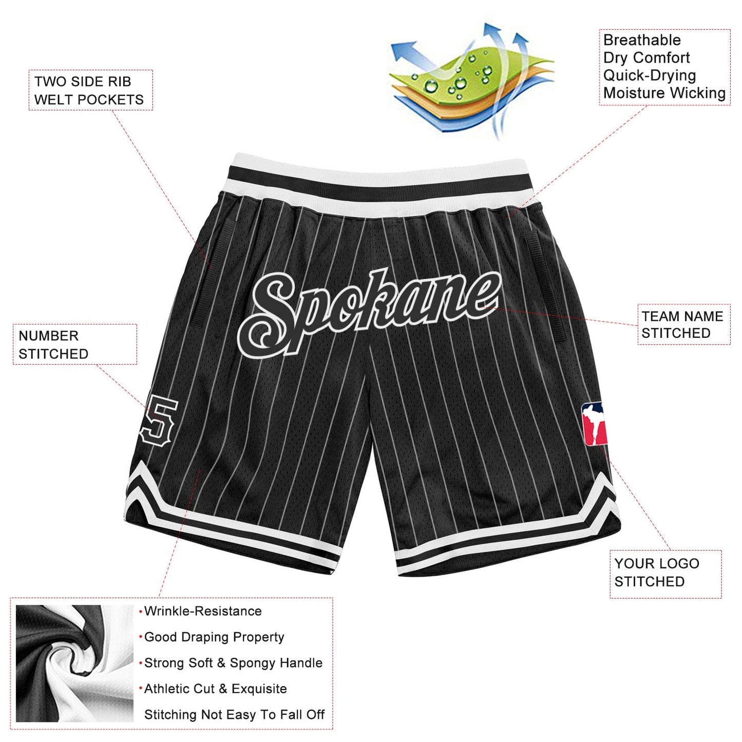 Custom Black White Pinstripe Black-White Authentic Basketball Shorts view 2
