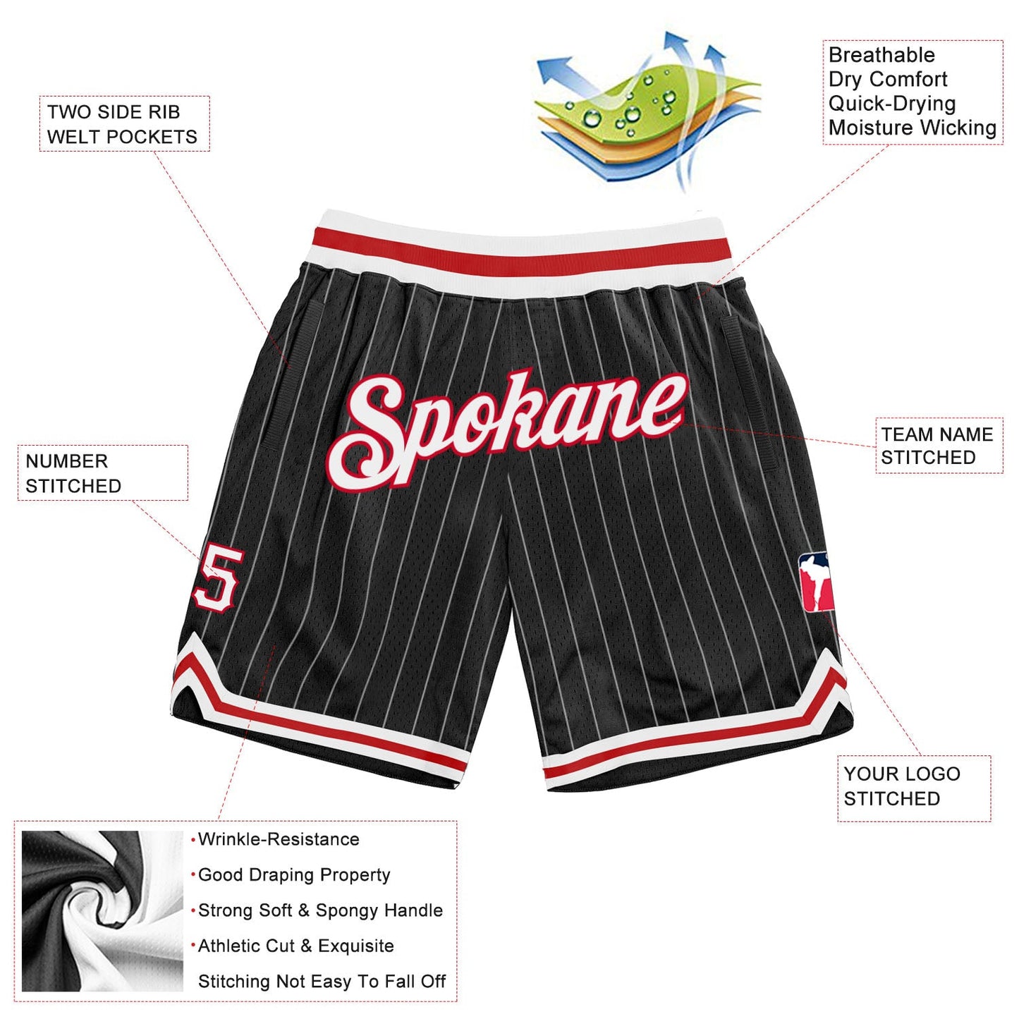 Custom Black White Pinstripe White-Red Authentic Basketball Shorts view 2