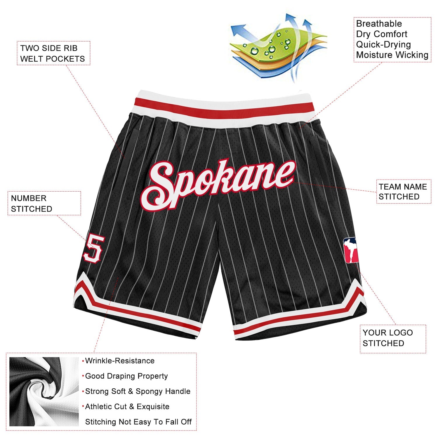 Custom Black White Pinstripe White-Red Authentic Basketball Shorts view 2