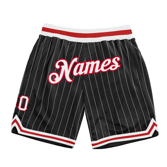 Custom Black White Pinstripe White-Red Authentic Basketball Shorts - Main View