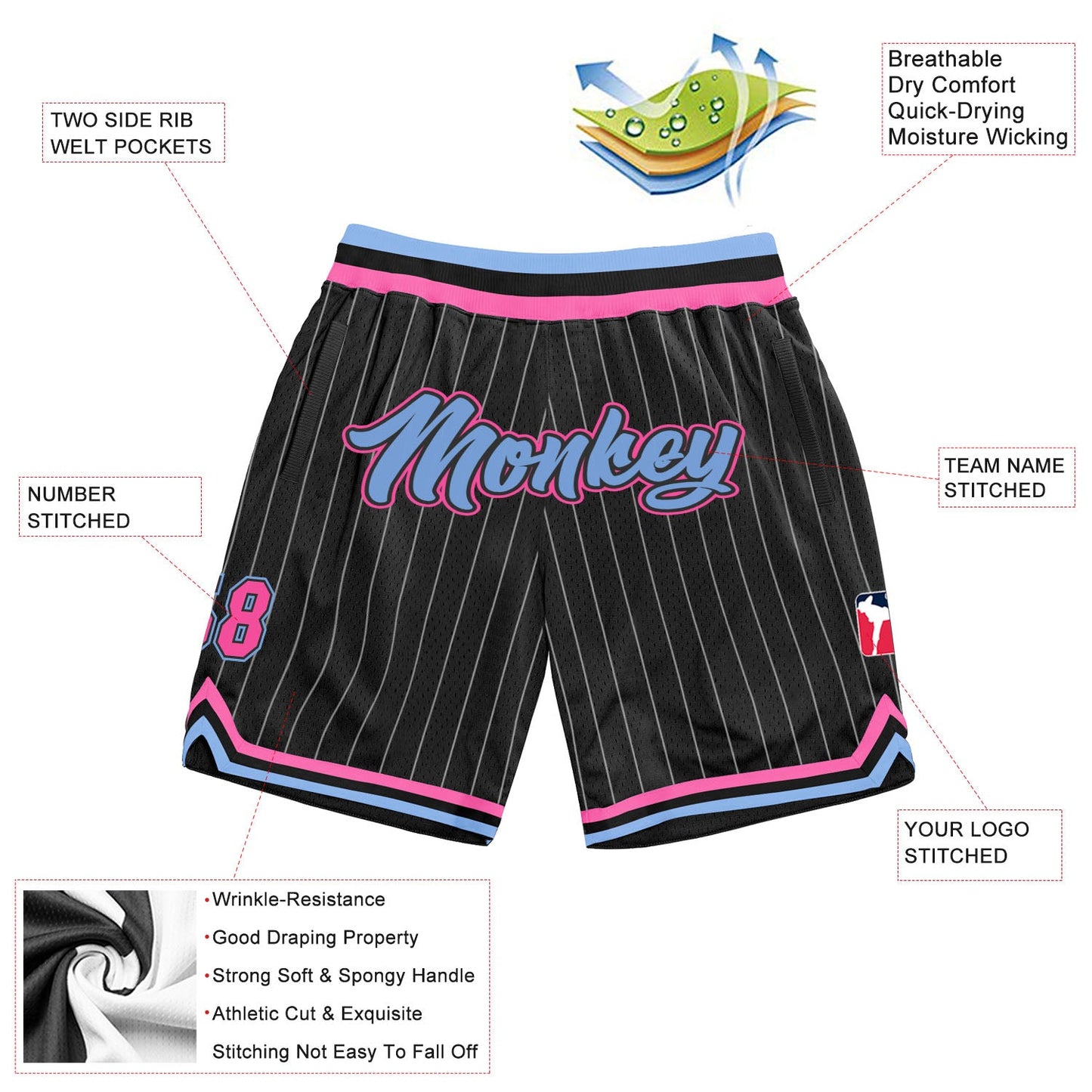 Custom Black White Pinstripe Light Blue-Pink Authentic Basketball Shorts view 2