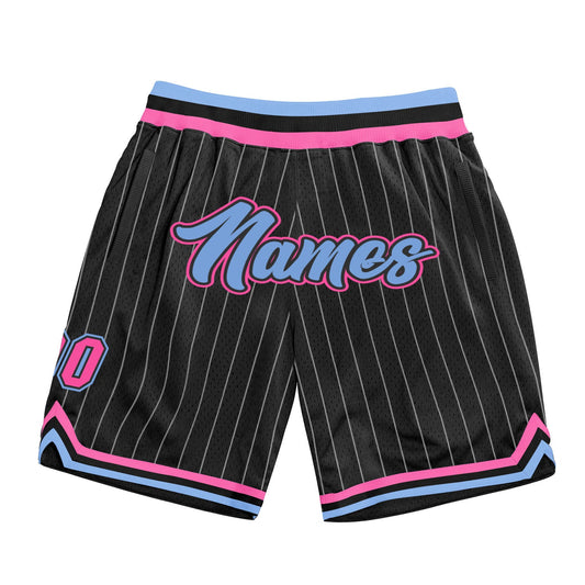 Custom Black White Pinstripe Light Blue-Pink Authentic Basketball Shorts - Main View