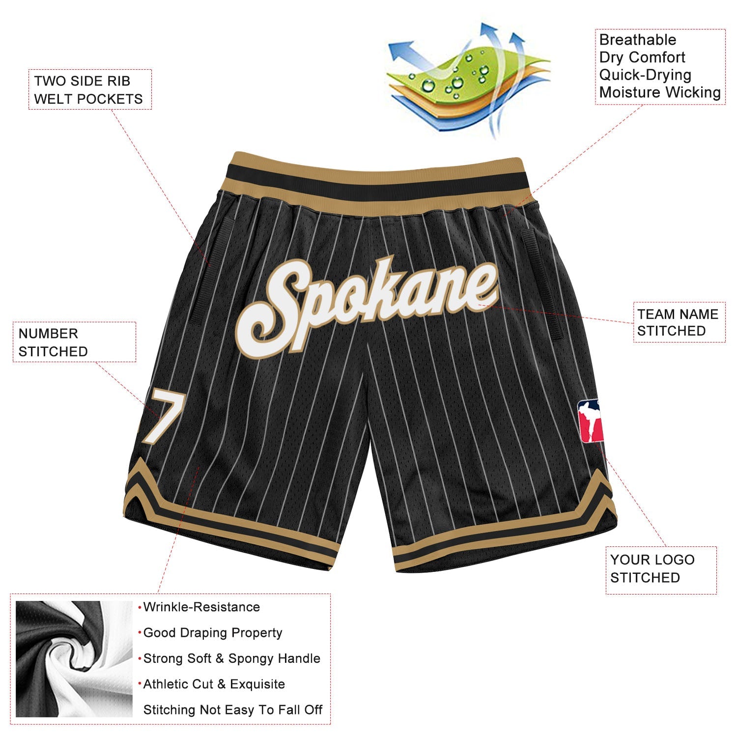 Custom Black White Pinstripe White-Old Gold Authentic Basketball Shorts view 2