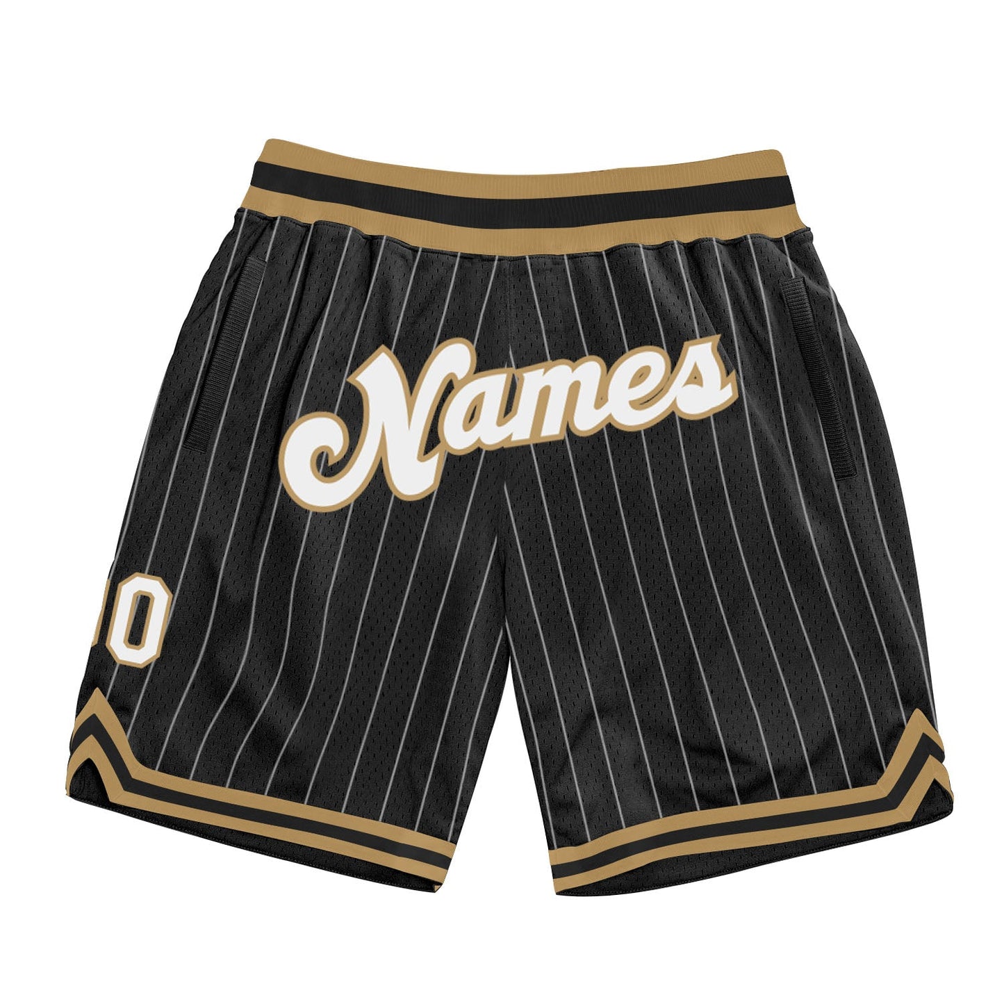 Custom Black White Pinstripe White-Old Gold Authentic Basketball Shorts - Main View