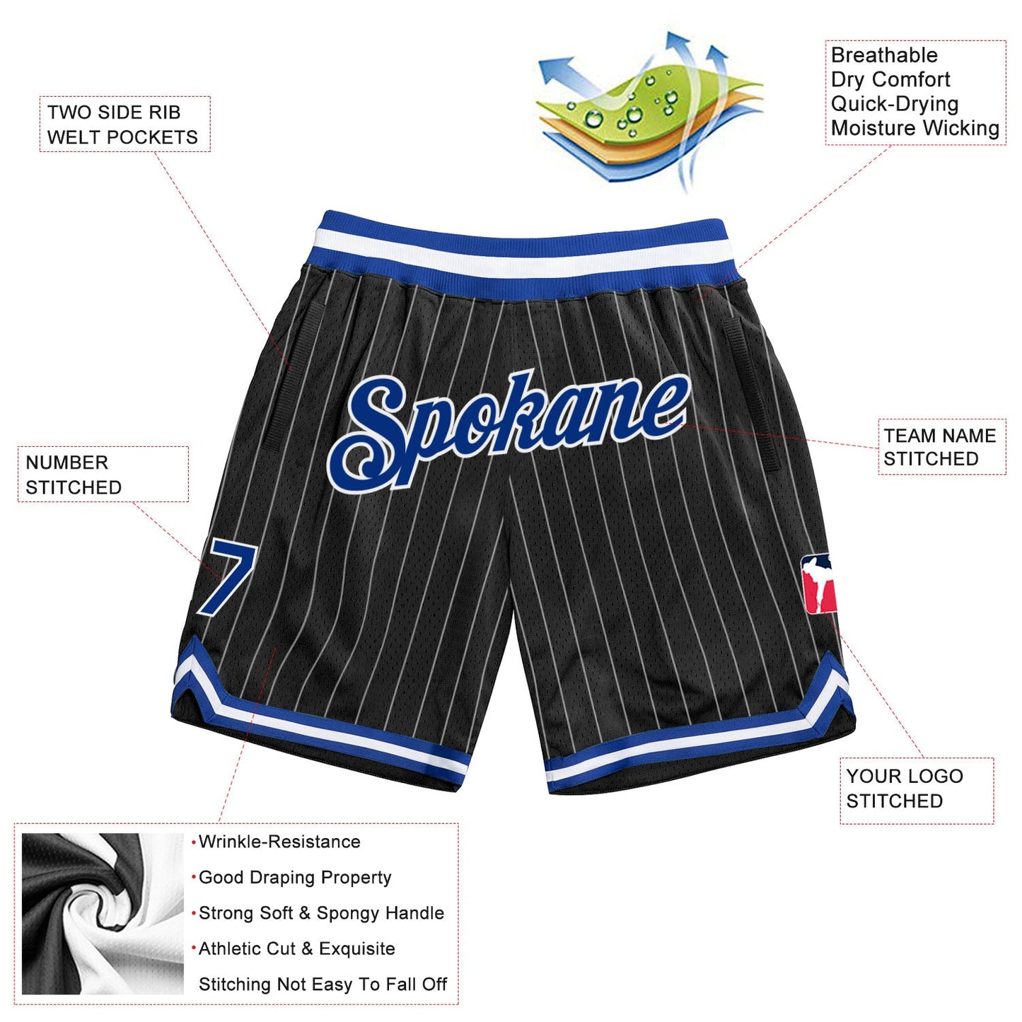 Custom Black White Pinstripe Royal-White Authentic Basketball Shorts view 2
