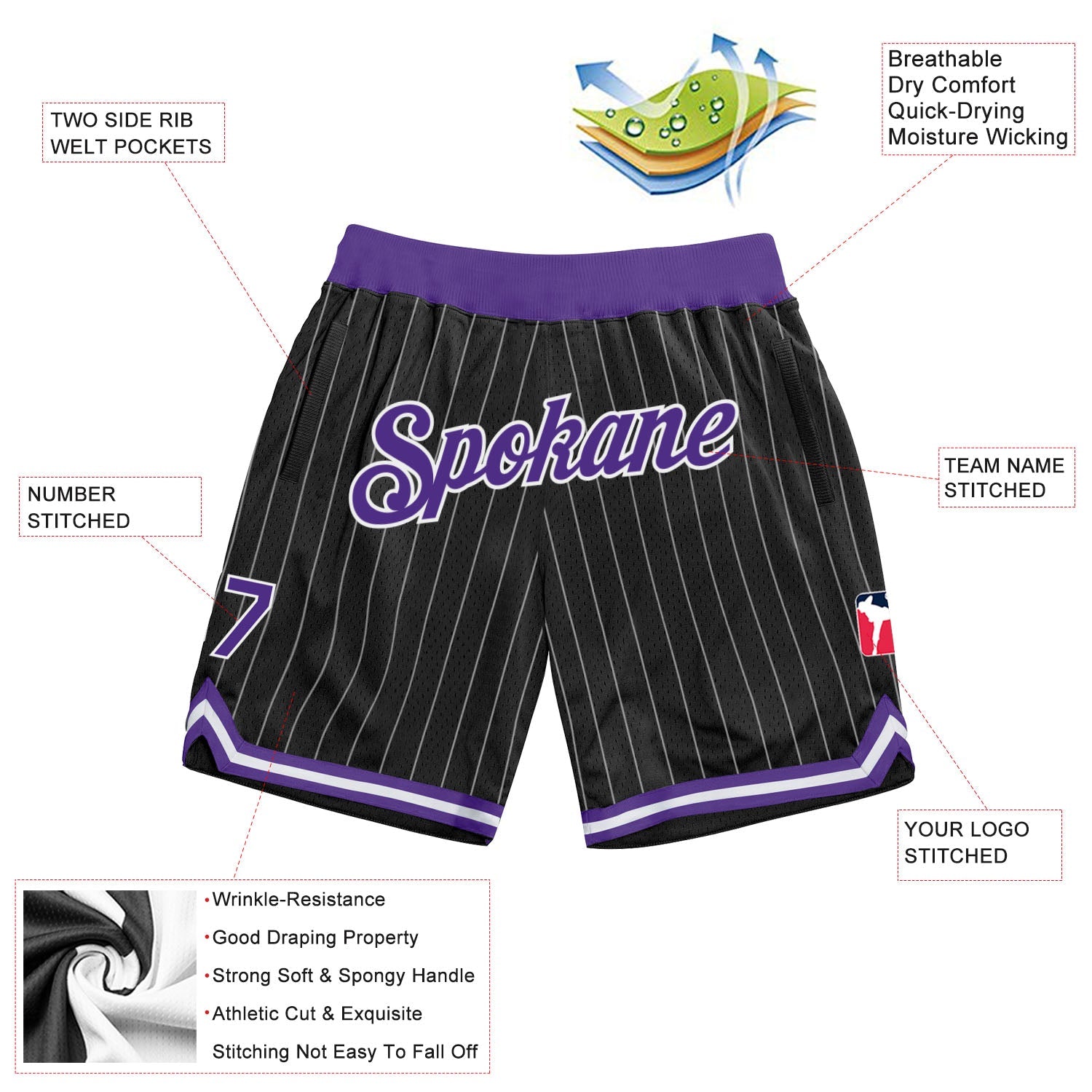 Custom Black White Pinstripe Purple-White Authentic Basketball Shorts view 2