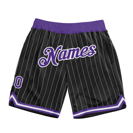 Custom Black White Pinstripe Purple-White Authentic Basketball Shorts - Main View
