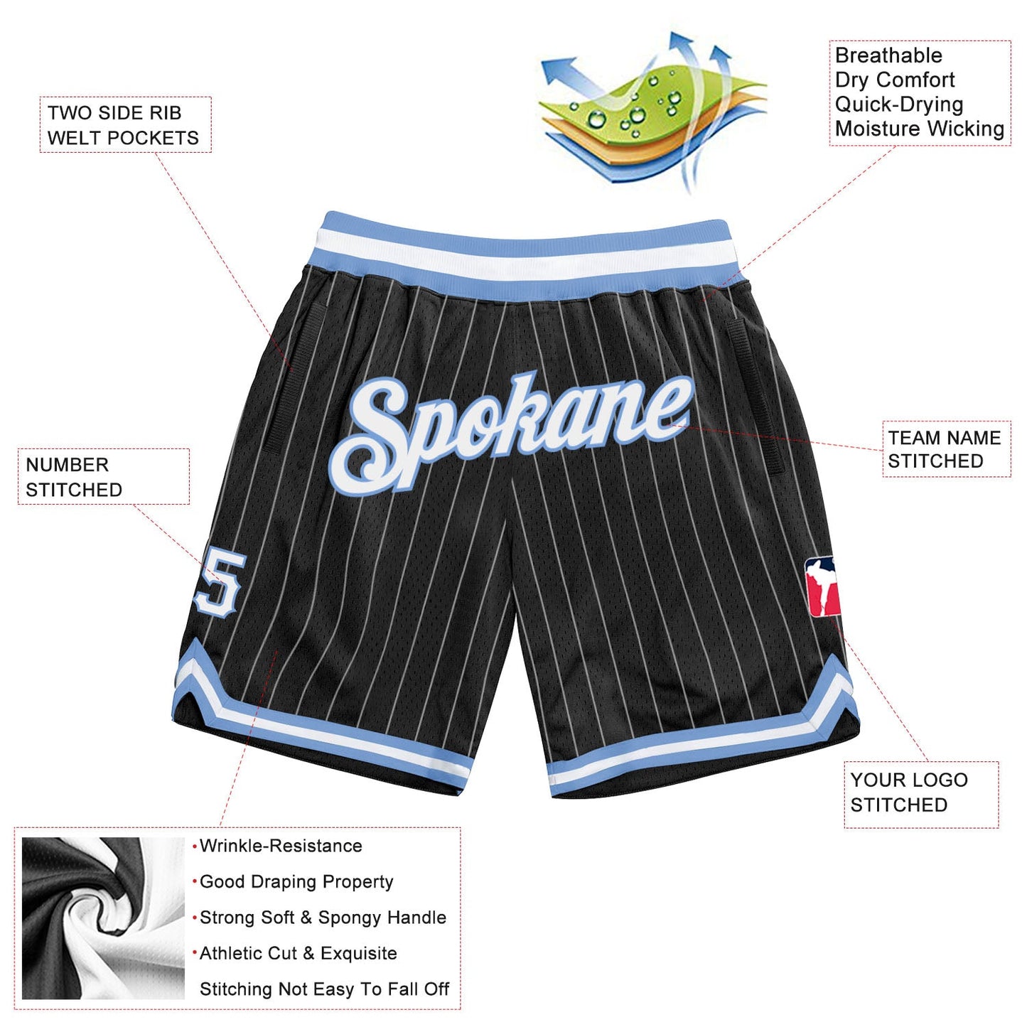 Custom Black White Pinstripe White-Light Blue Authentic Basketball Shorts view 2