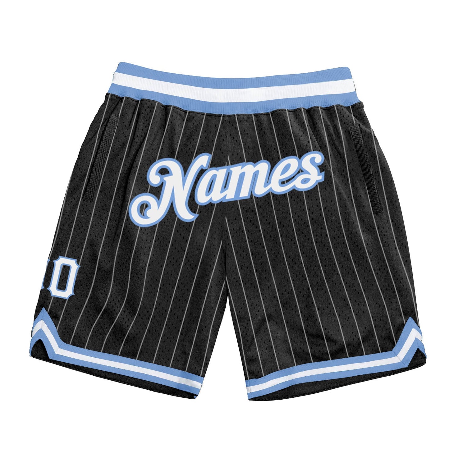 Custom Black White Pinstripe White-Light Blue Authentic Basketball Shorts - Main View