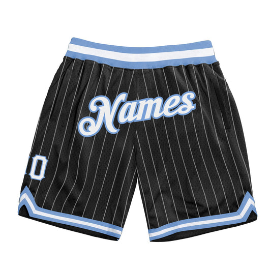 Custom Black White Pinstripe White-Light Blue Authentic Basketball Shorts - Main View
