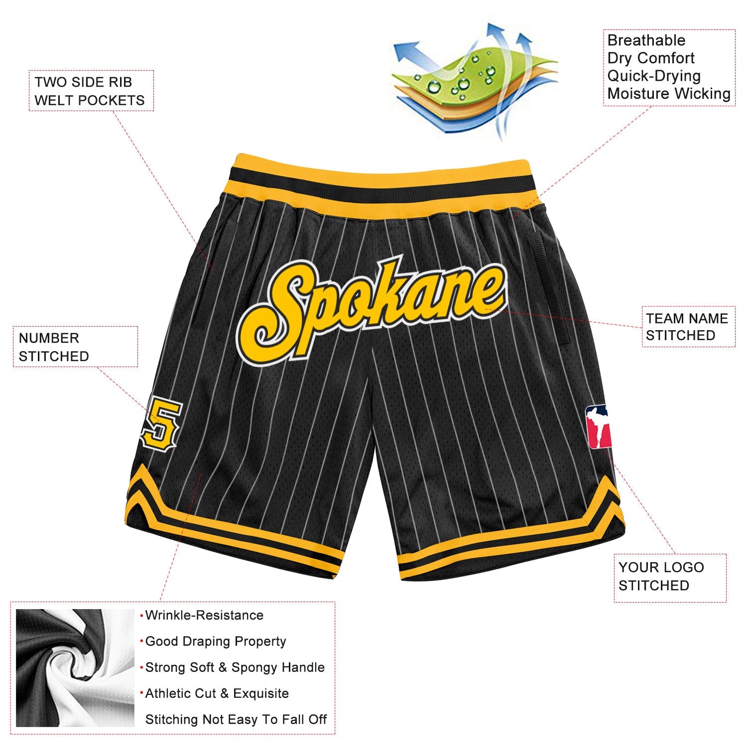 Custom Black White Pinstripe Gold-White Authentic Basketball Shorts view 3