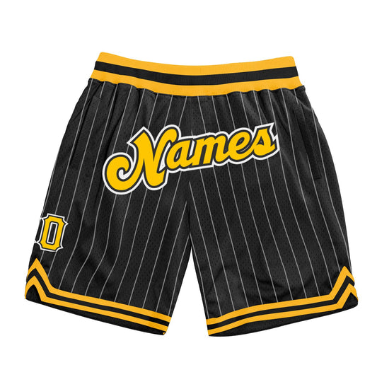 Custom Black White Pinstripe Gold-White Authentic Basketball Shorts - Main View